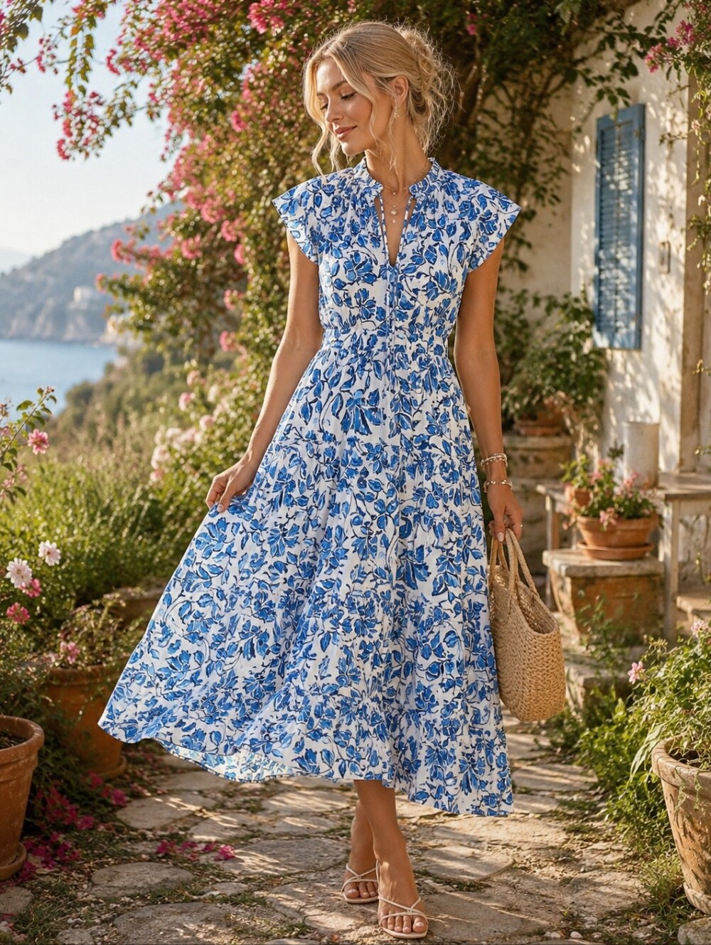 Rails Linen Cotton XS Juni Leaf-Print Midi-Dress Summer Resort Beach Blue White